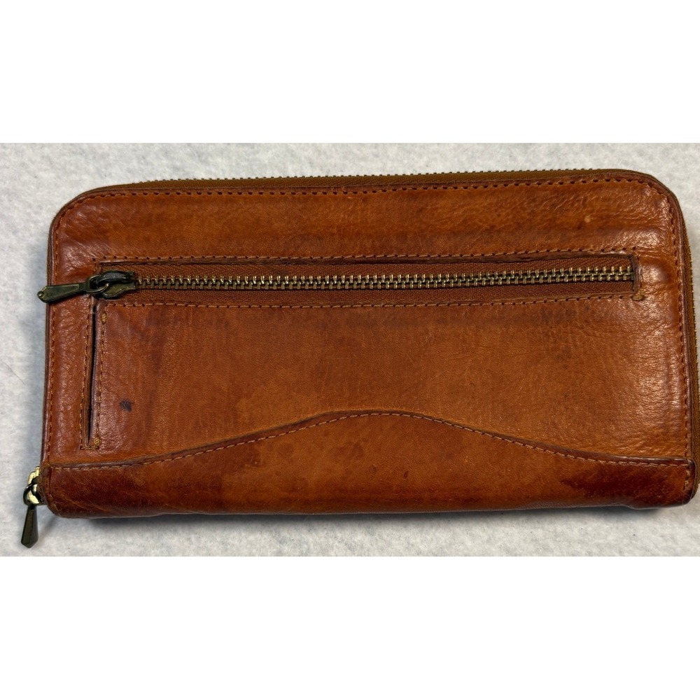 JP Ourse & Cie Geneve Tan Leather Zip Around Accordion Wallet Brass Hardware